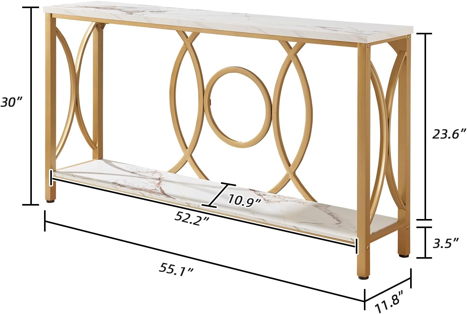 HOMISSUE Sofa Console Table, Modern Gold Console Table with Faux Marbled Tabletop, Engineered Wood Entryway Tables with 2 Tier Storage, Narrow Sofa Table for Living Room, Hallway (55 Inch, White&Gold)