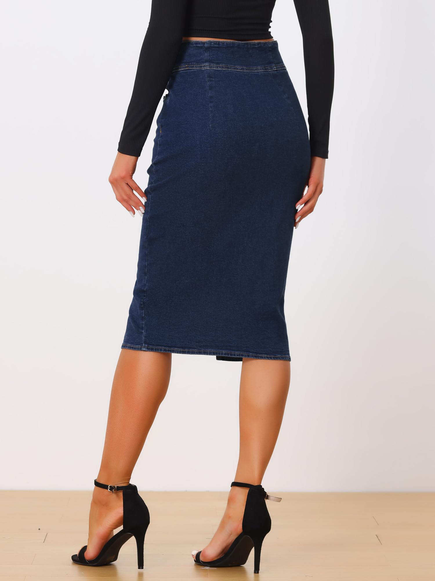 Allegra K Jupe en Jean Stretch Femme Vintage Taille Haute Ourlet Fendu Jupe Midi Denim Crayon