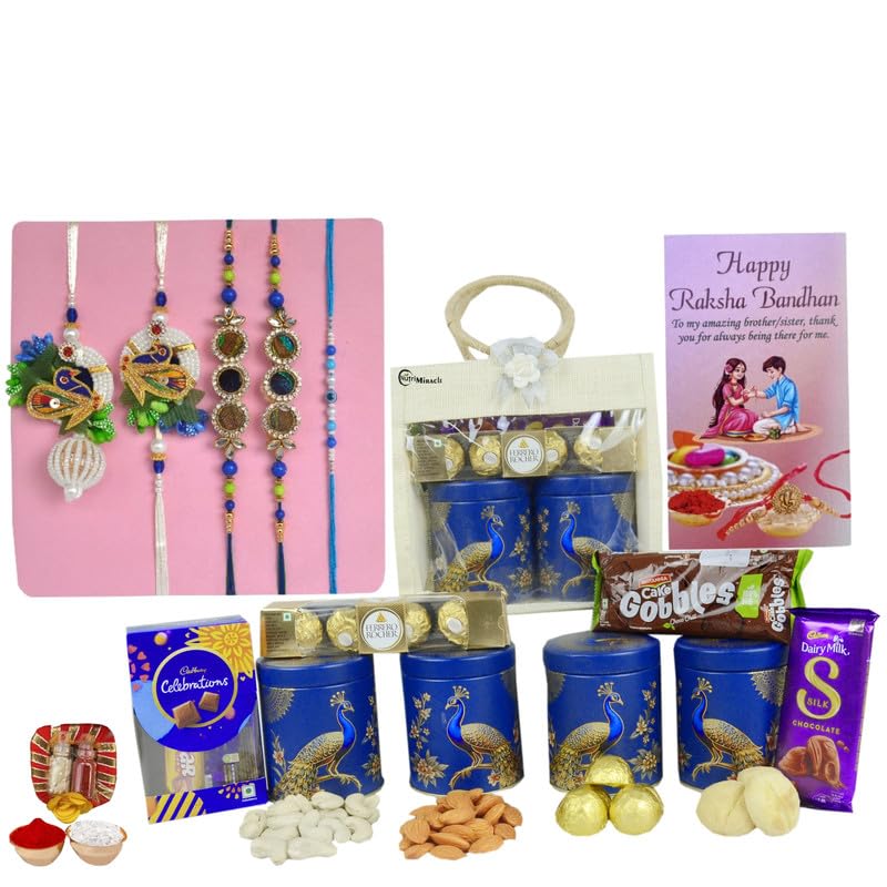 Image of NUTRI MIRACLE Rakhi Hamper for Brother with Nutritious Dry Fruits, Chocolate Delights, Tilak Set and Greeting Card in Festive Packing