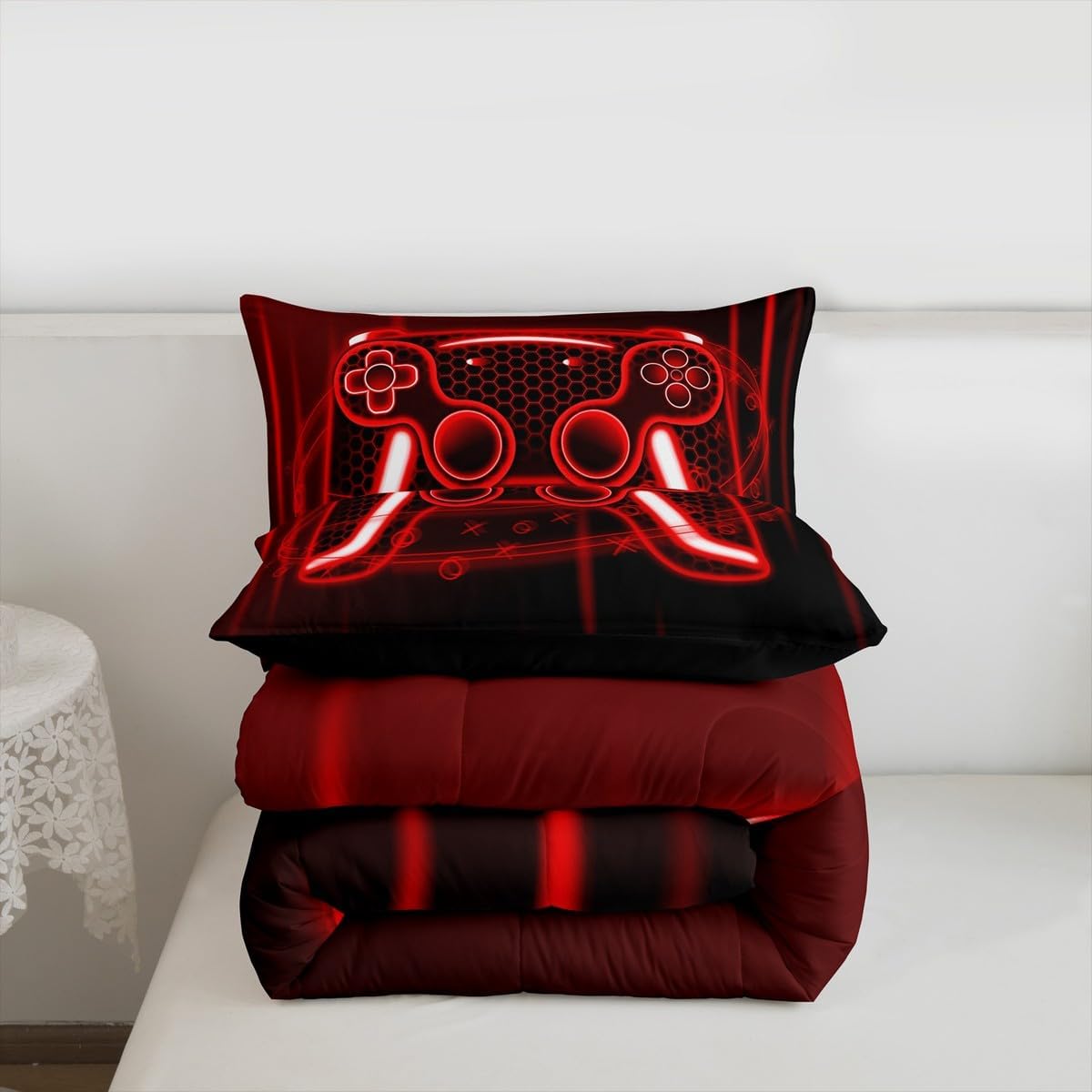 Erosebridal Game Controller Comforter Set Twin Size Boys Gaming Bedding Set for Kids Boys Girls Red Neon Gamepad Comforter 3D Game Joysticks Honeycomb Quilt Bedroom Decor