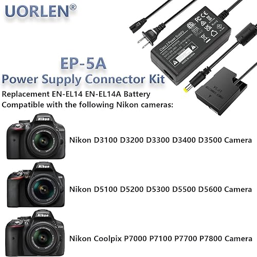 Miniatura 2 de UORLEN EP-5A Conector de fuente de alimentación EH-5a Adaptador de CA EN-EL14a Kit de batería ficticia para Nikon D3100 D3200 D3300 D3400 D3500