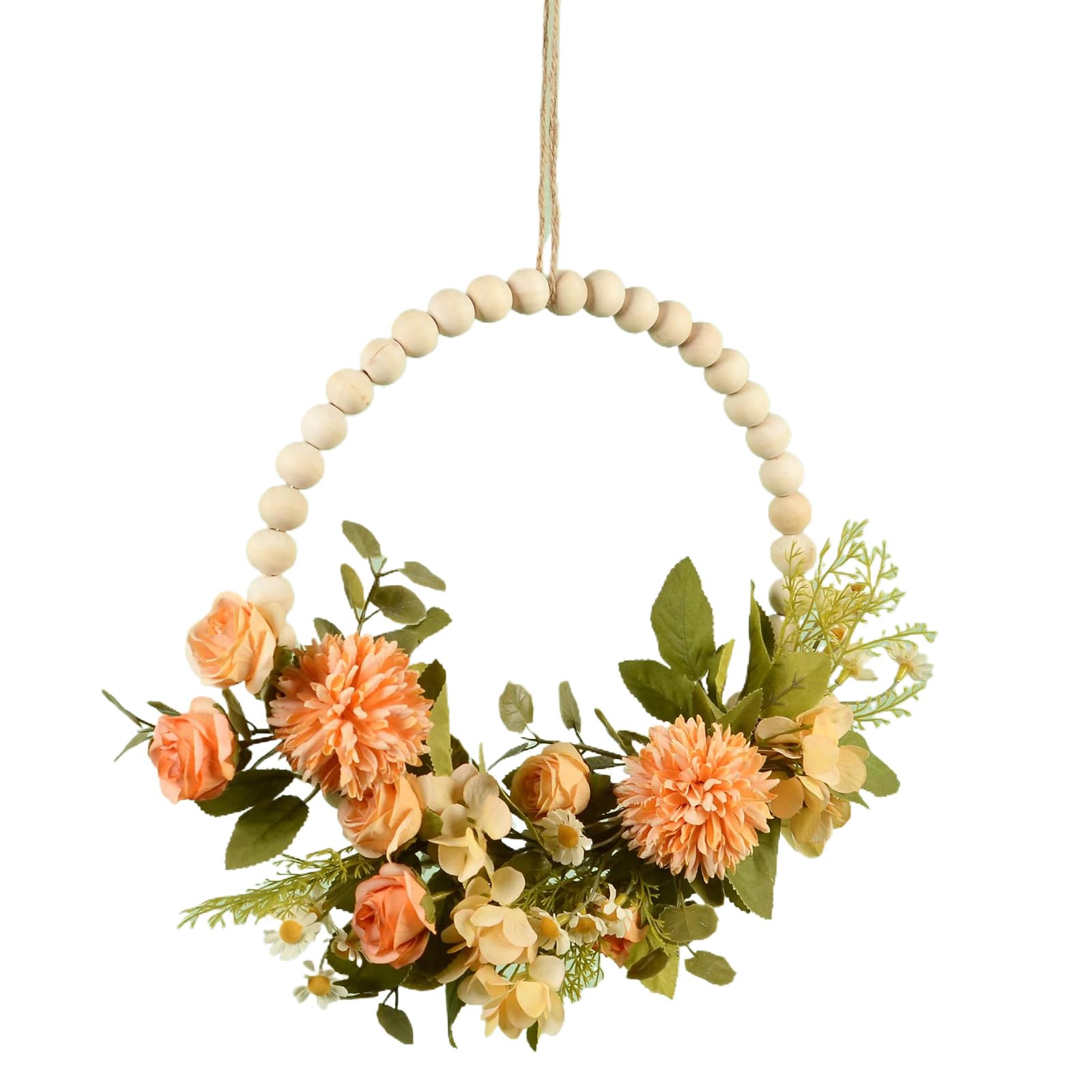 Artificial Flower Wreath Spring Wood Beads for Front Door Hallway Farmhouses Wedding Thanksgiving Festival Artificial Flower