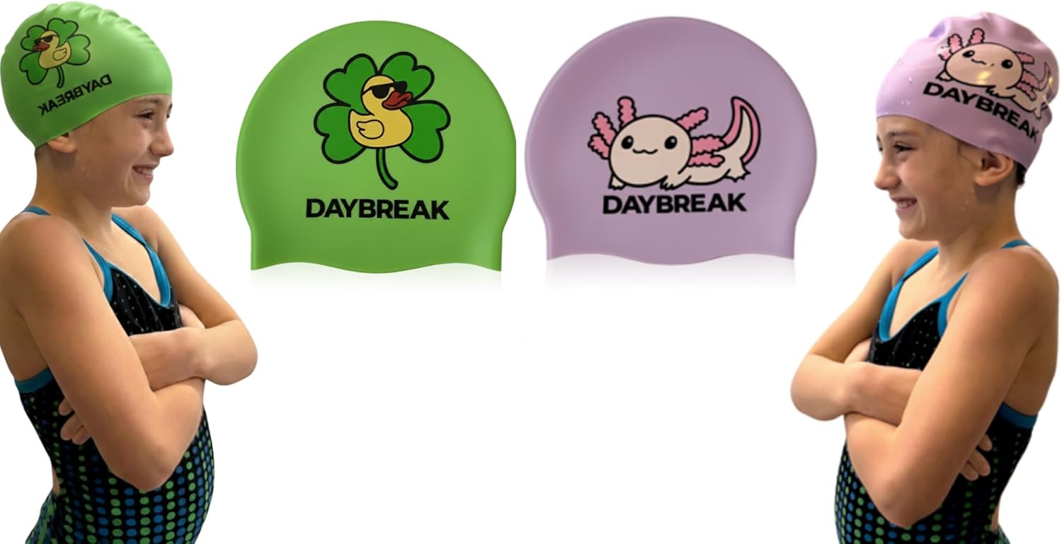 Swim Cap Kids & Teens - Seamless Non Slip Waterproof Silicone Swimming Cap - Kids Swim Cap Comfortable Fit Fun Design Swimming Cap for Girls & Boys DAYBREAK