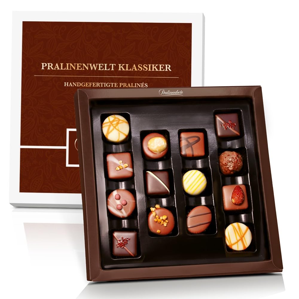 Pralinenbote Genussmanufaktur – Geschenk-Set Kakao & Nuss Likör & Pralinenwelt Klassiker mit 14 handgefertigten Pralinen deutscher Chocolatiers, das edle Genuss Geschenk