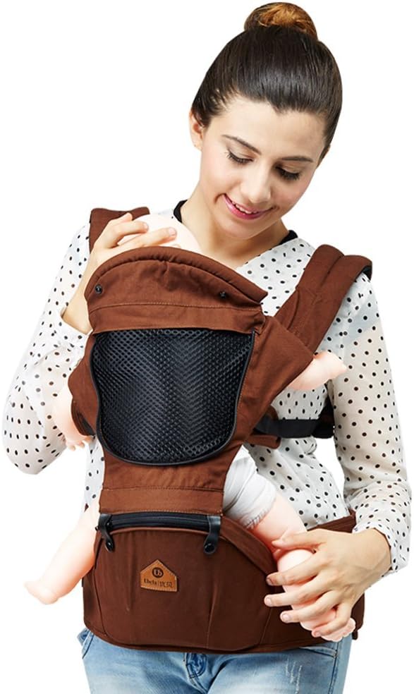 UBELA Premium Baby Carrier | 100% Soft Cotton Cozy & Soothing Fabric | Baby Hip Seat | 4 Changeable Carry Positions | Suitable for 3-36 Month Babies | Brown