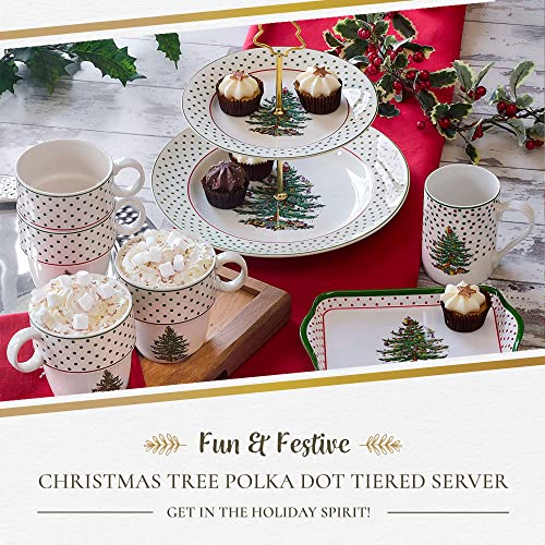 Spode - Christmas Tree Collection, 2-Tiered Tray, For Serving Food, Cake, And Desserts, Server Tier Measures At 8" And 10", Polka Dot Motif With Gold Handle, Dishwasher Safe #TOP1