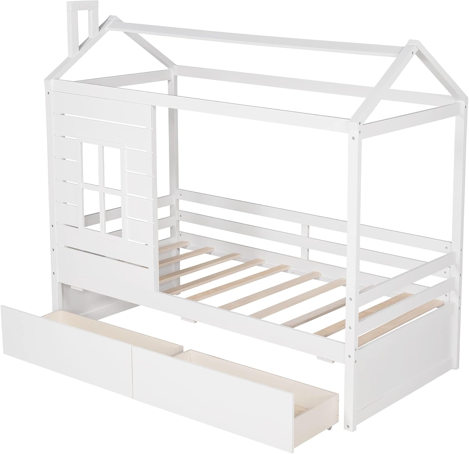Danxee Wood Children Toddler House Bed Frame with Two Drawers Twin Daybed with Two Drawers Tent Bed Floor Bed Wooden House Bed for Toddlers, Teens, Girls, Boys, Kids (White)