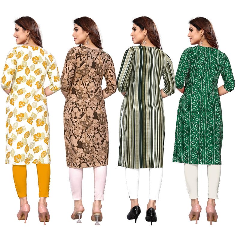 Image of JAKHANA Women's Crepe Printed Casual Straight Calf Length Round Nick Kurta Pack of 4