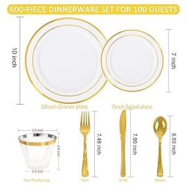 WELLIFE 450 PCS Gold Disposable Dinnerware Set for 75 Guests, 75 Each-Dinner & Salad Plates,Cups, Forks, Knives, Spoons for Wedding and Party Supplies