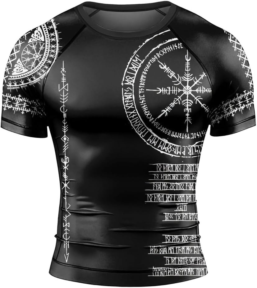 Viking Norse Rune Men's Rash Guard Shirts Short Sleeve, Baselayer Compression Shirt for Jiu Jitsu MMA