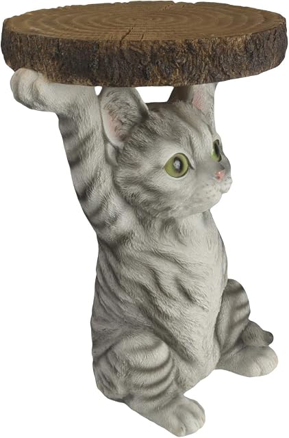 Middle-England 35cm Grey Tabby Cat Side Occasional Table Plant Stand Statue Figure Polystone