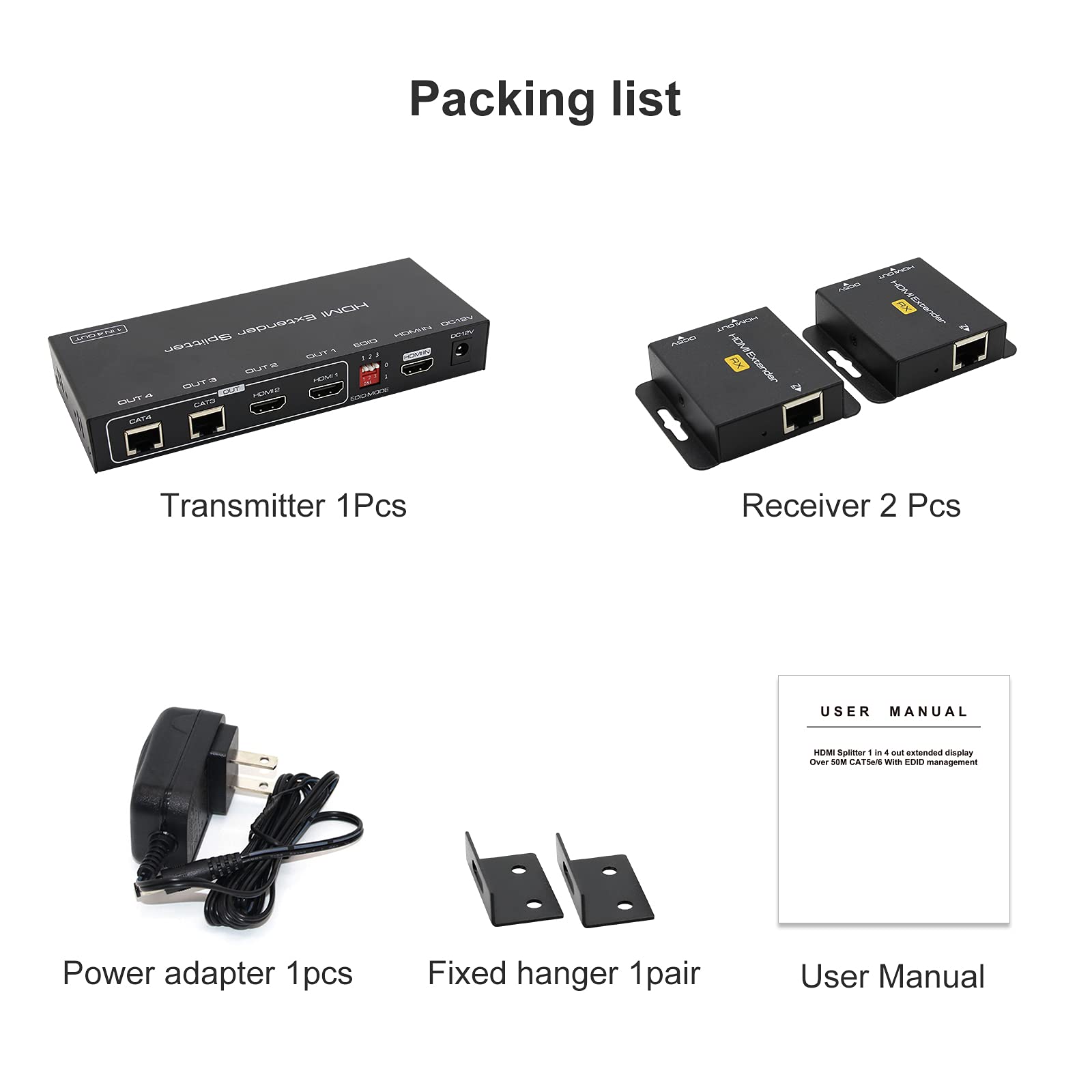 VEDINDUST Répartiteur HDMI 1 entrée 2 sorties 50 m de longueur Transmission sur câble CAT5e 6 7 prend en charge les préréglages EDID 1080p 60 Hz POC