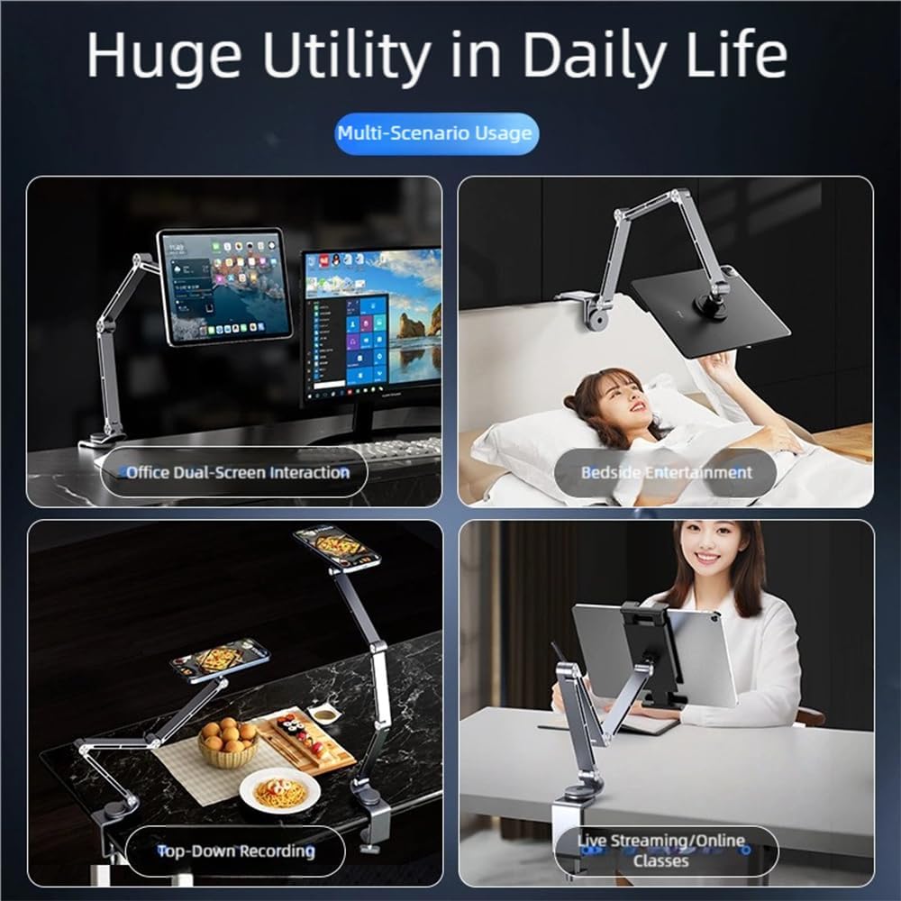 Magnetic Heavy Duty Metal Phone/Tablet Holder for Bed Adjustable Foldable Stand for Desk Aluminum Universal Lazy Bracket 360° Rotation Flexible Long Arm (Grey, Magnetic)
