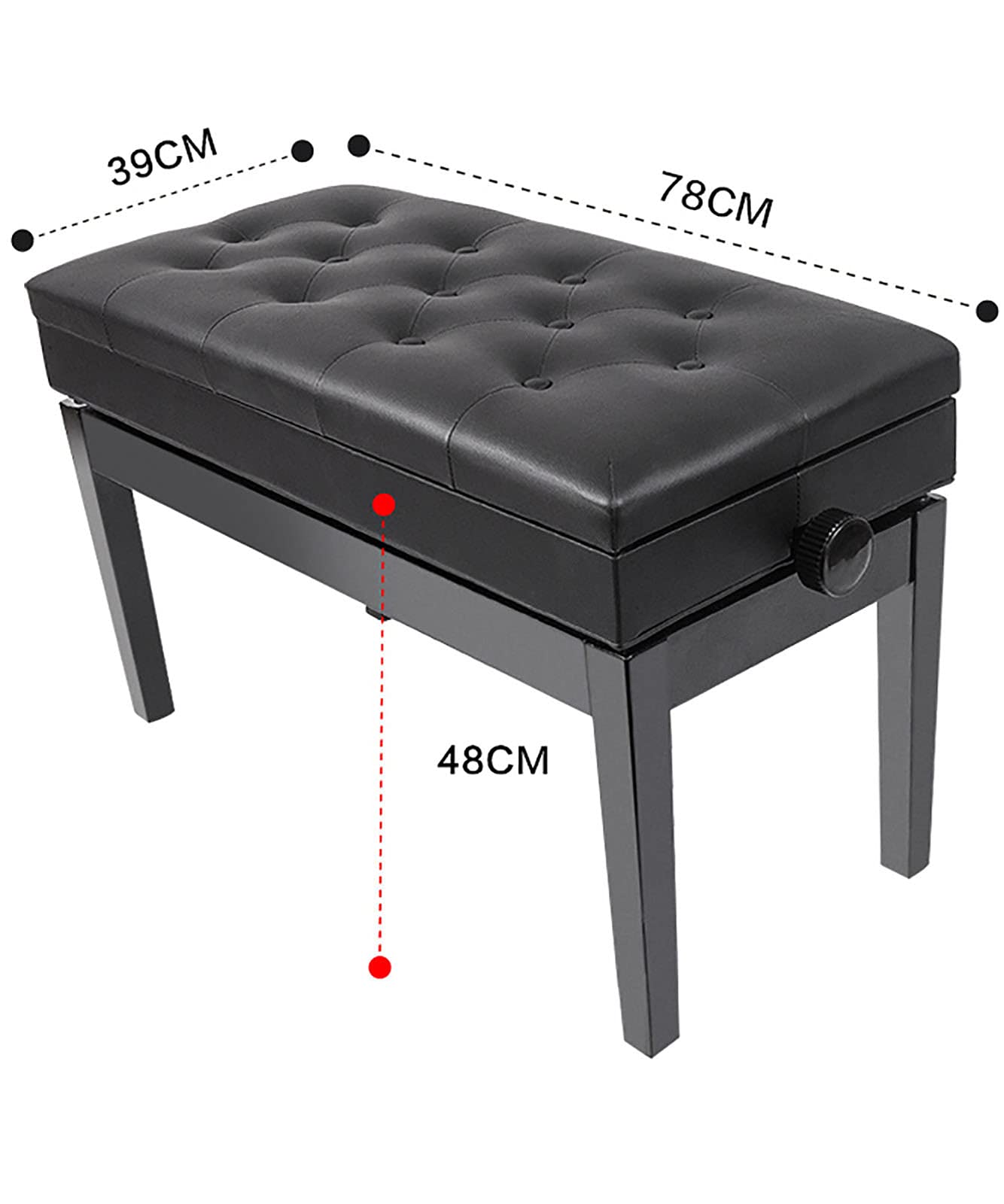 Sgabello per pianoforte e tastiera, 10 cm, sollevamento idraulico, nero, con contenitore, 76 x 39 x 48-58 cm