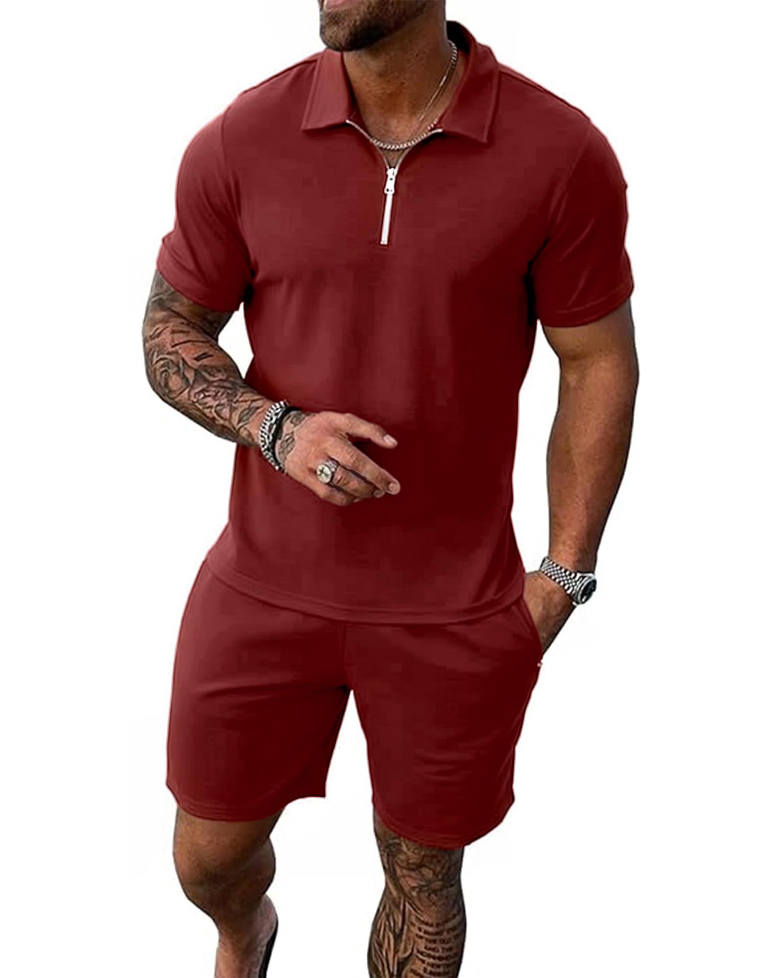 Uni Clau Mens Summer Track Suits 2 Piece Shorts Sets Short Sleeve Sweatsuit Outfits Zip Golf Casual Polo Shirts and Shorts