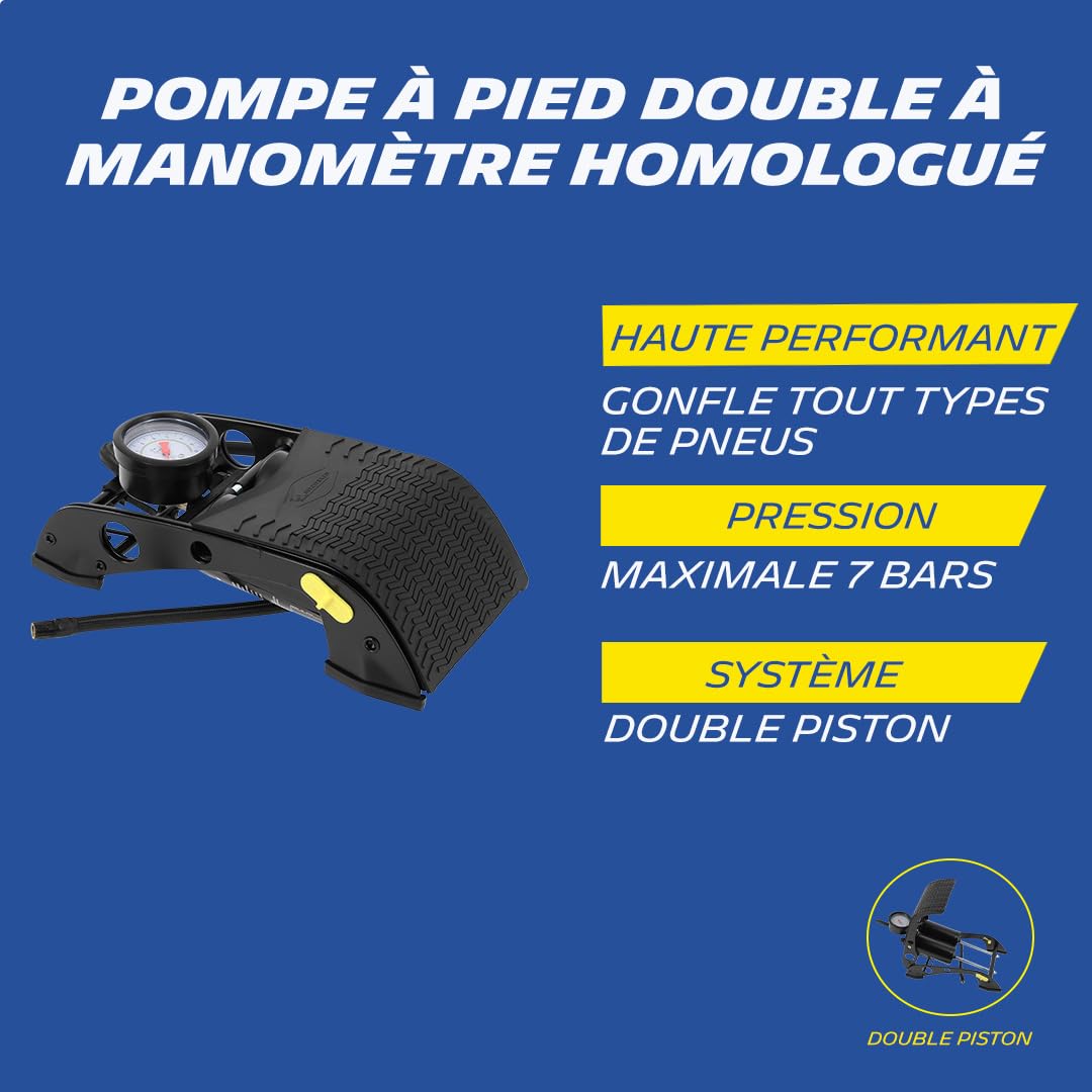 MICHELIN 009505 Pompe à Pied Double Piston avec Manomètre Homologué, 7 Bars, Flexible 80 cm – Gonfleur Vélo, Moto, Auto, Ballon – Haute Pression, Solide, Facile à Utiliser
