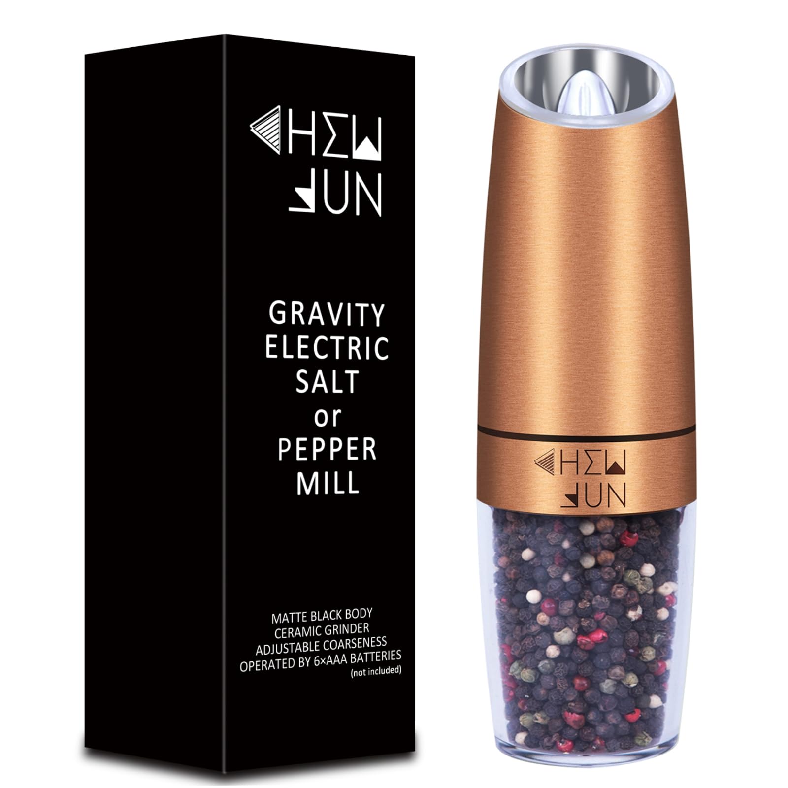 Gravity Salt and Pepper Grinder with Adjustable Coarseness Automatic Pepper and Salt Mill Battery Powered with White LED Light,One Hand Operated,Brushed Stainless Steel by CHEW FUN
