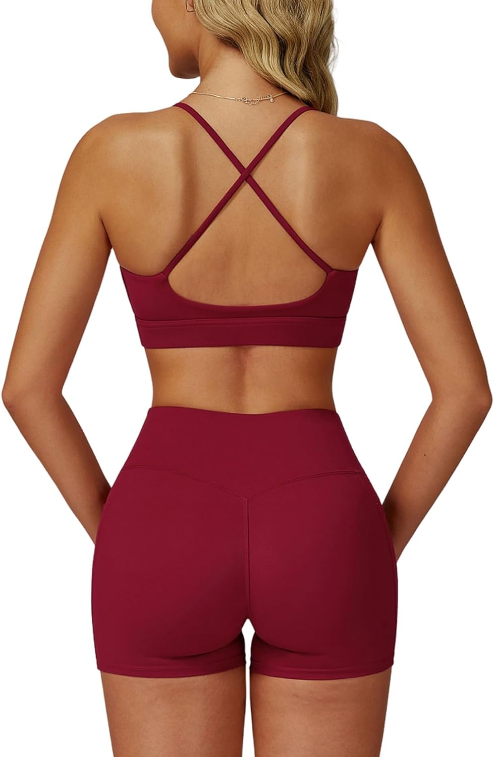 Women Two Piece Workout Sets Support Ruched Cross Back Sports Bras Matching Booty Lifting Shorts Gym Yoga Outfits
