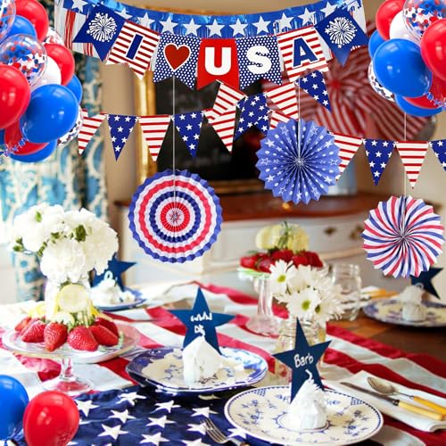 Image of 53PCS 4th of July Car Parade Decorations LOVE USA Banner Bunting Wreath Red White Blue Paper Fans Balloons Decoration Star Streamer Independence Day Party Supplies