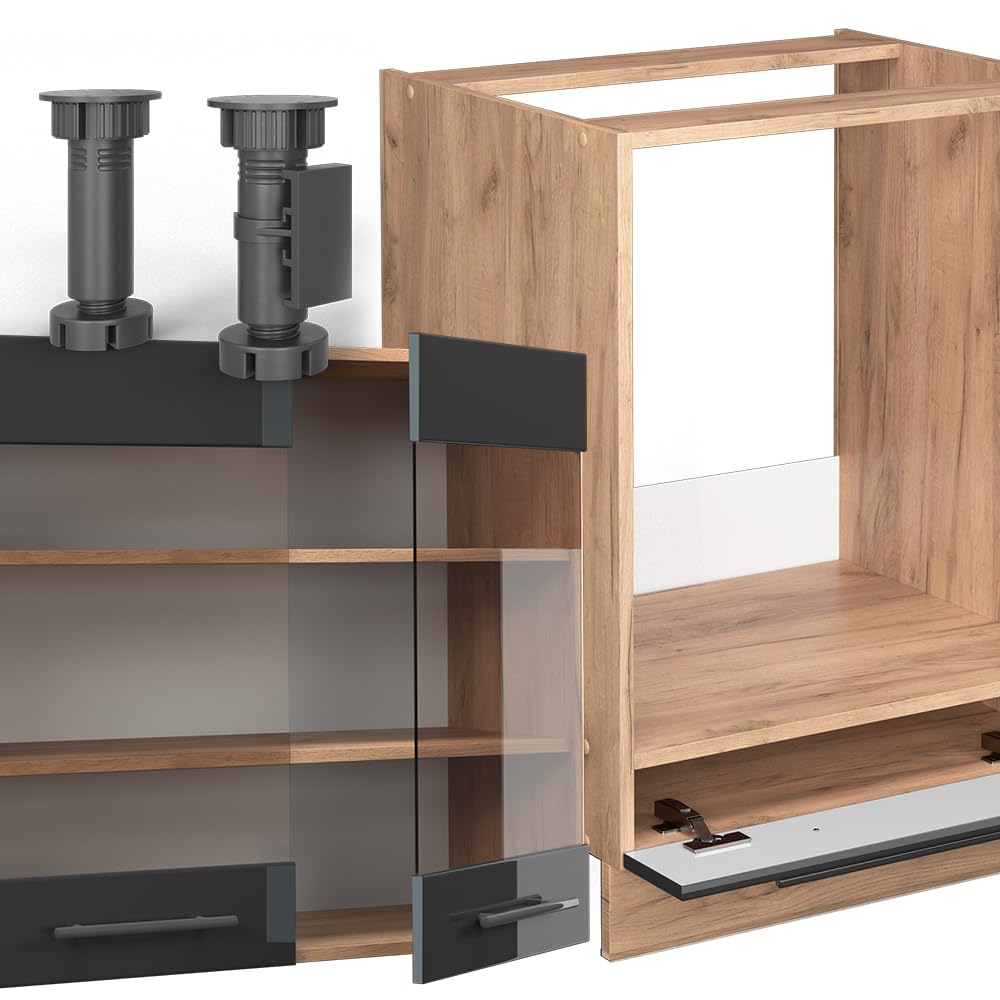 Vicco Eckküche Fame-Line, Anthrazit Hochglanz/Eiche, 190 x 160 cm | 10 Module · Höhenverstellbare Füße · Ohne Arbeitsplatte · MDF-Fronten · Softclose · Metallgriffe