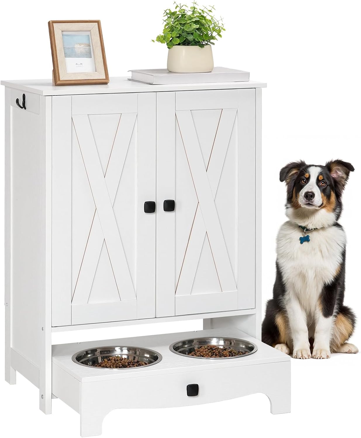 HOOBRO Dog Feeding Station with Storage, Elevated Dog Bowls Stand, Dog Food Storage Cabinet with Adjustable Shelf and Hooks, Sliding Drawer with 2 Hidden Bowls, Pet Feeder Station, White WT12PO03