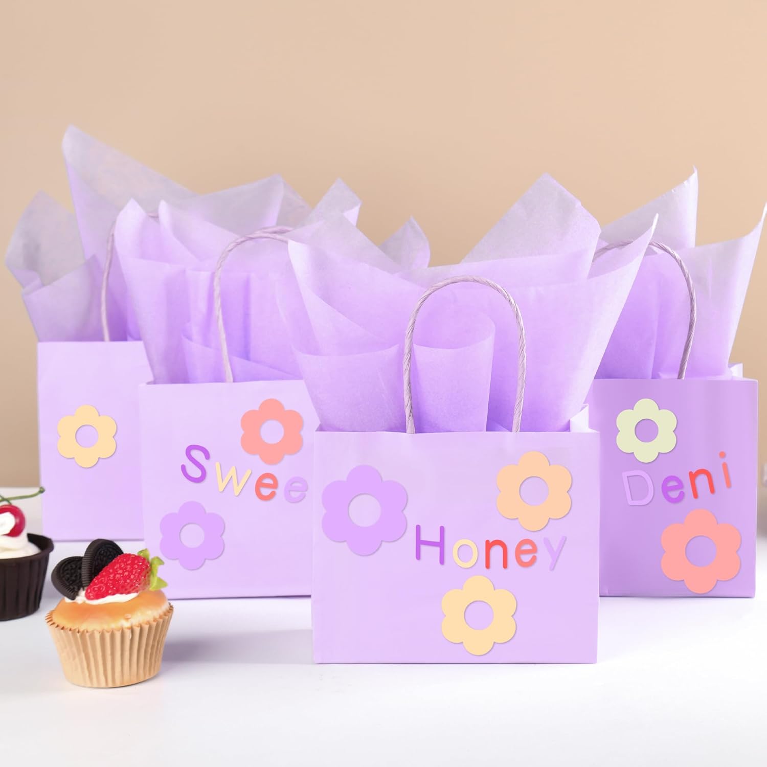 DjinnGlory 24 Pack Mini Tiny Small Lavender Purple Paper Gift Bags with Handles 6x5x2.5 Inch and 24 Tissue Paper for Merchandise Wedding Baby Shower Birthday Party Favors Goodies - Image 3