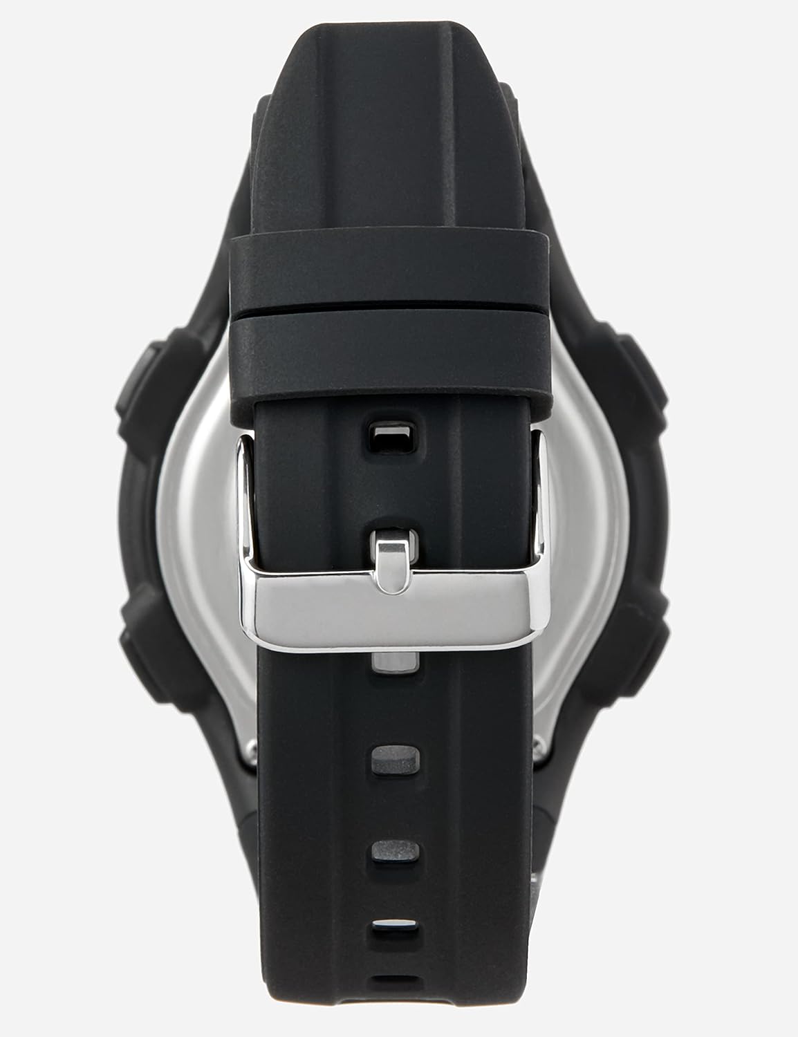 Back view of the Lorus R2379NX9 digital watch showing the stainless steel case back and the silicone strap with a silver buckle.