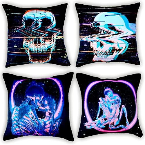 WOLYGIM Black Glow Skull Pillow Cover 18x18 Set of 4 Skeleton Kissing Lovers Pillow Covers Blacklight Reactive Valentine's Day Decorations Kiss Lovers Gothic Skull Throw Pillow Cover