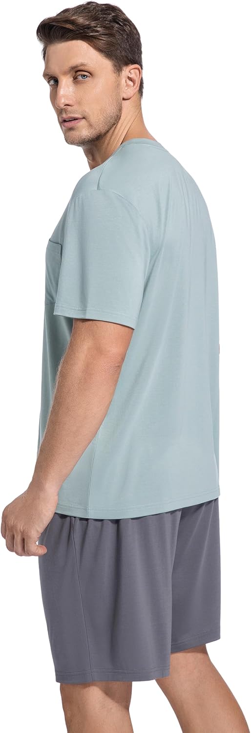 SlumberMee Mens Pajama Set Soft Cooling Viscose Summer Pjs Short Sleeve Sleepwear 2 Piece Crew Neck Loungewear with Pockets - Image 6