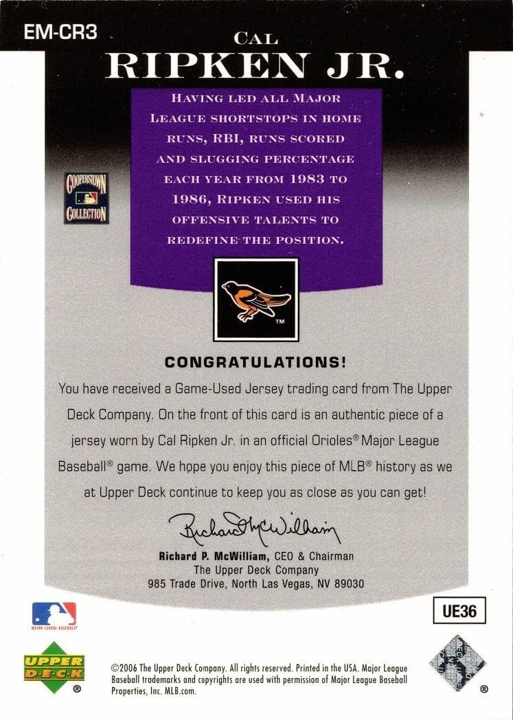 2006 Upper Deck Epic Materials Relics Dark Purple #EM-CR3 Cal Ripken Jr. Game Worn Orioles Jersey Baseball Card - Only 155 made!