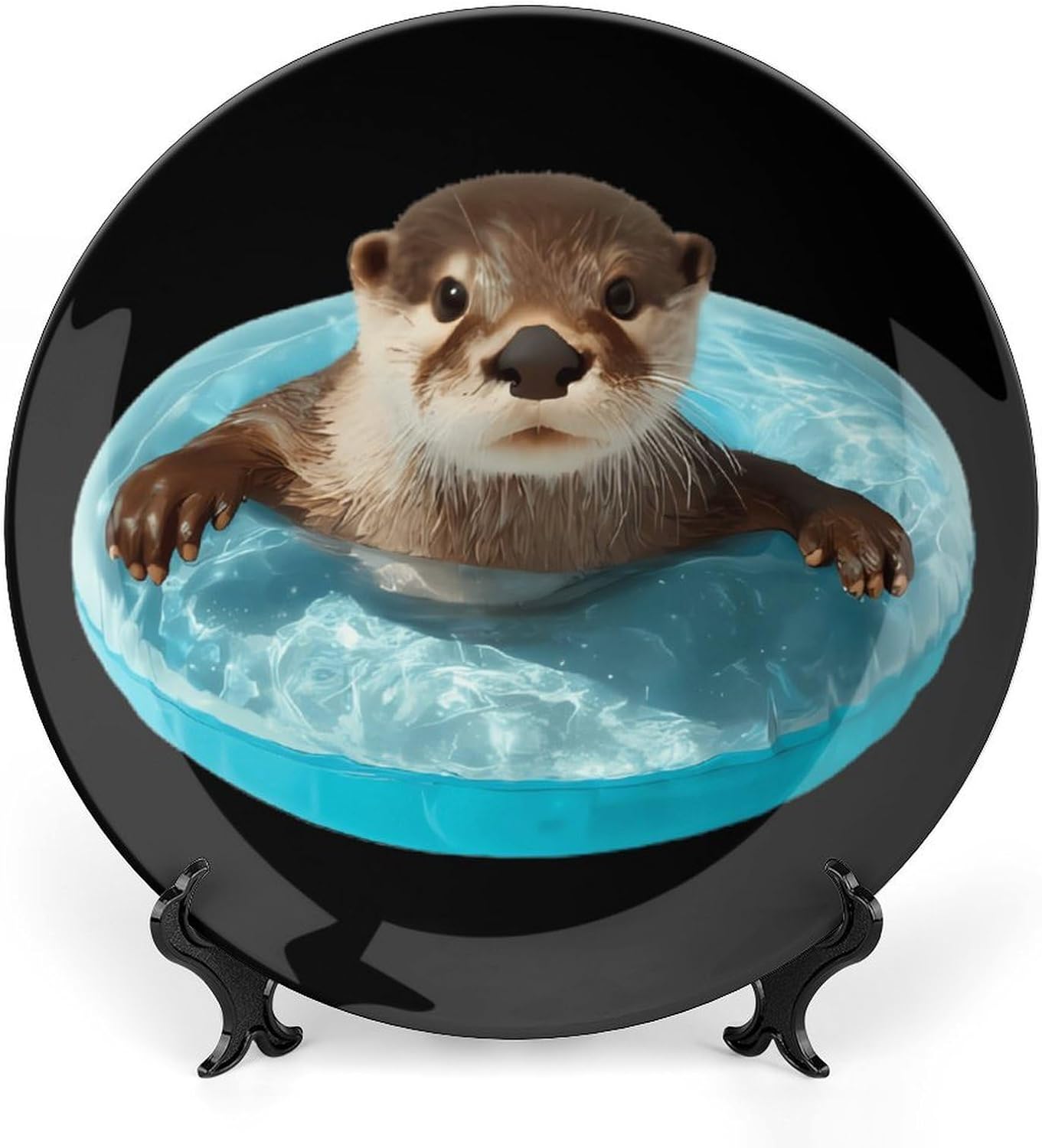 Otter in Swim Ring Novelty Decorative Plate with Display Stand Ceramic Ornament Hanging Wall Decor