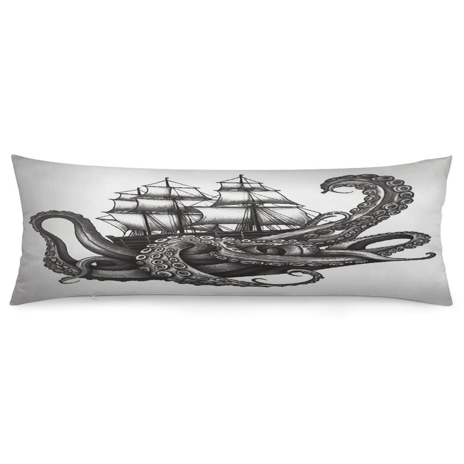 Black and White Octopus and Ship Body Pillow Cover Super Soft and Cozy Body Pillowcase Long Side Hidden Zipper Pillow Cases Breathable & Cozy Pillows Case Cover for Fall Winter 19x53 in