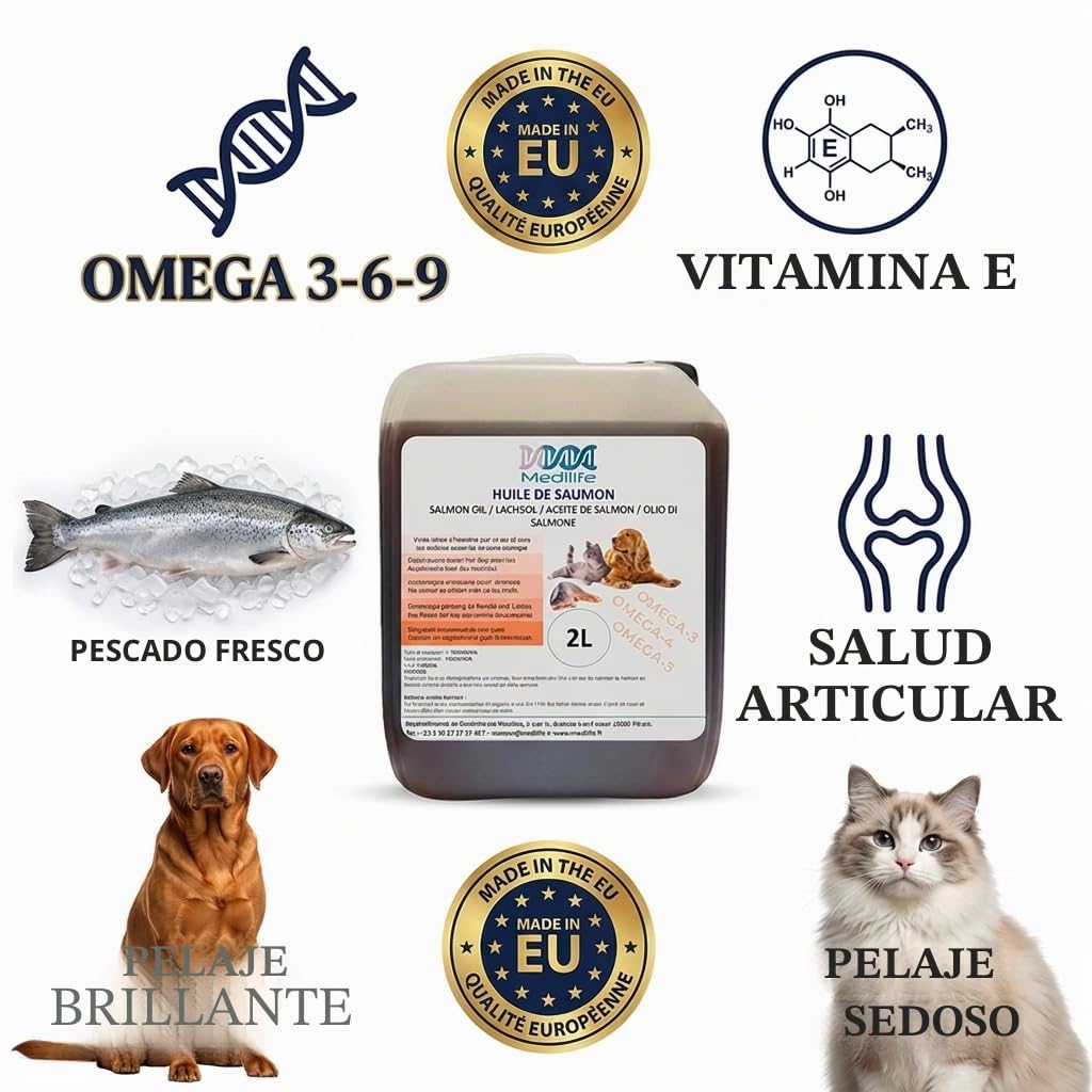 Aceite de salmón 100% natural para perros, gatos y caballos, rico en omega 3-6-9 y vitaminas