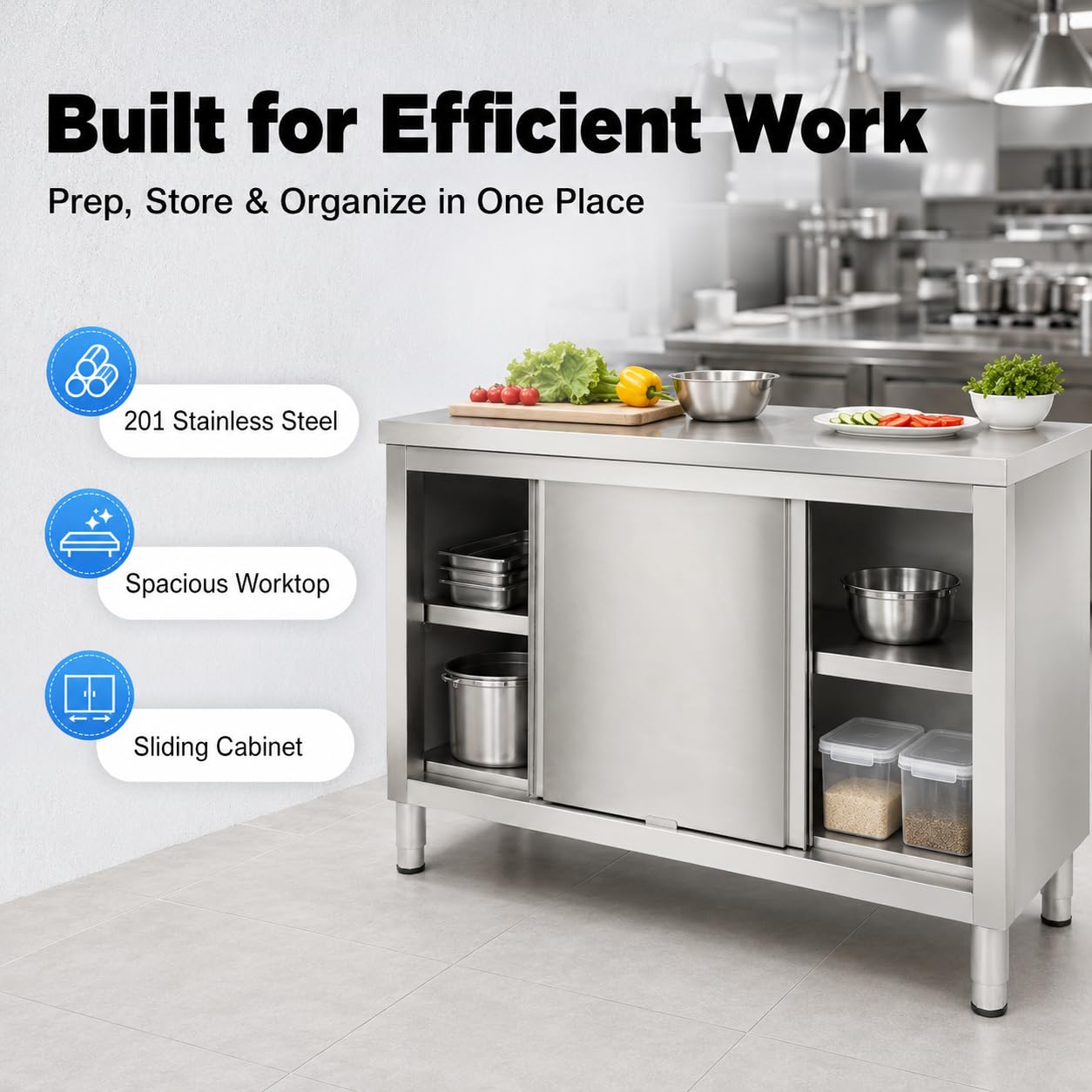 Armadio da lavoro con ante scorrevoli, 120 x 50 x 86 cm, 3 ripiani, tavolo da lavoro commerciale in acciaio inox, armadio da cucina con ante scorrevoli, armadio indipendente in acciaio inox