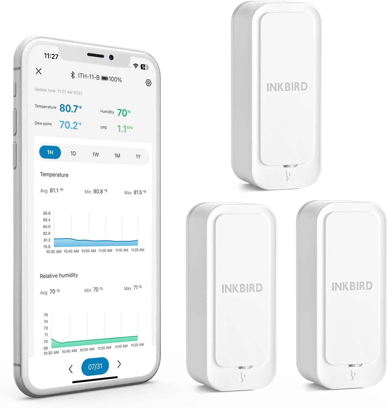 Bluetooth Thermo-hygrometer ITH-11-B (3 Packs), Temperature and Humidity Monitor with Bluetooth APP Remote Control, Ultra Long Battery Life, IP65 Waterproof for Home Reptile Refrigerator