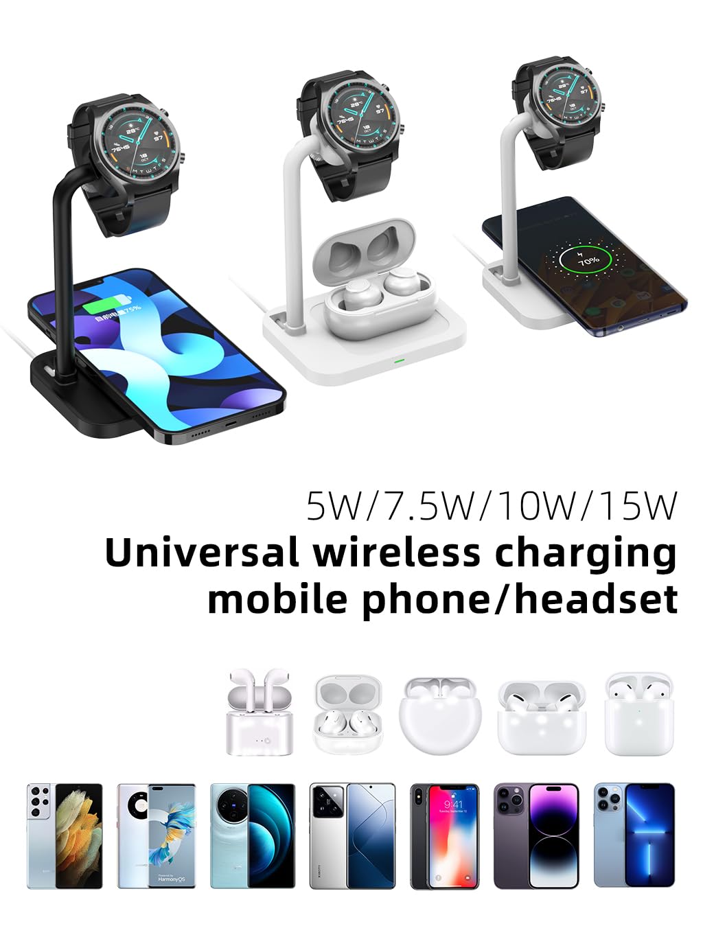 Support de montre 2 en 1 - Chargeur sans fil compatible avec iPhone/Huawei/Samsung/Airpods - Support pour montre connectée Samsung Galaxy, LG, Garmin, Google (montre non incluse) - Noir