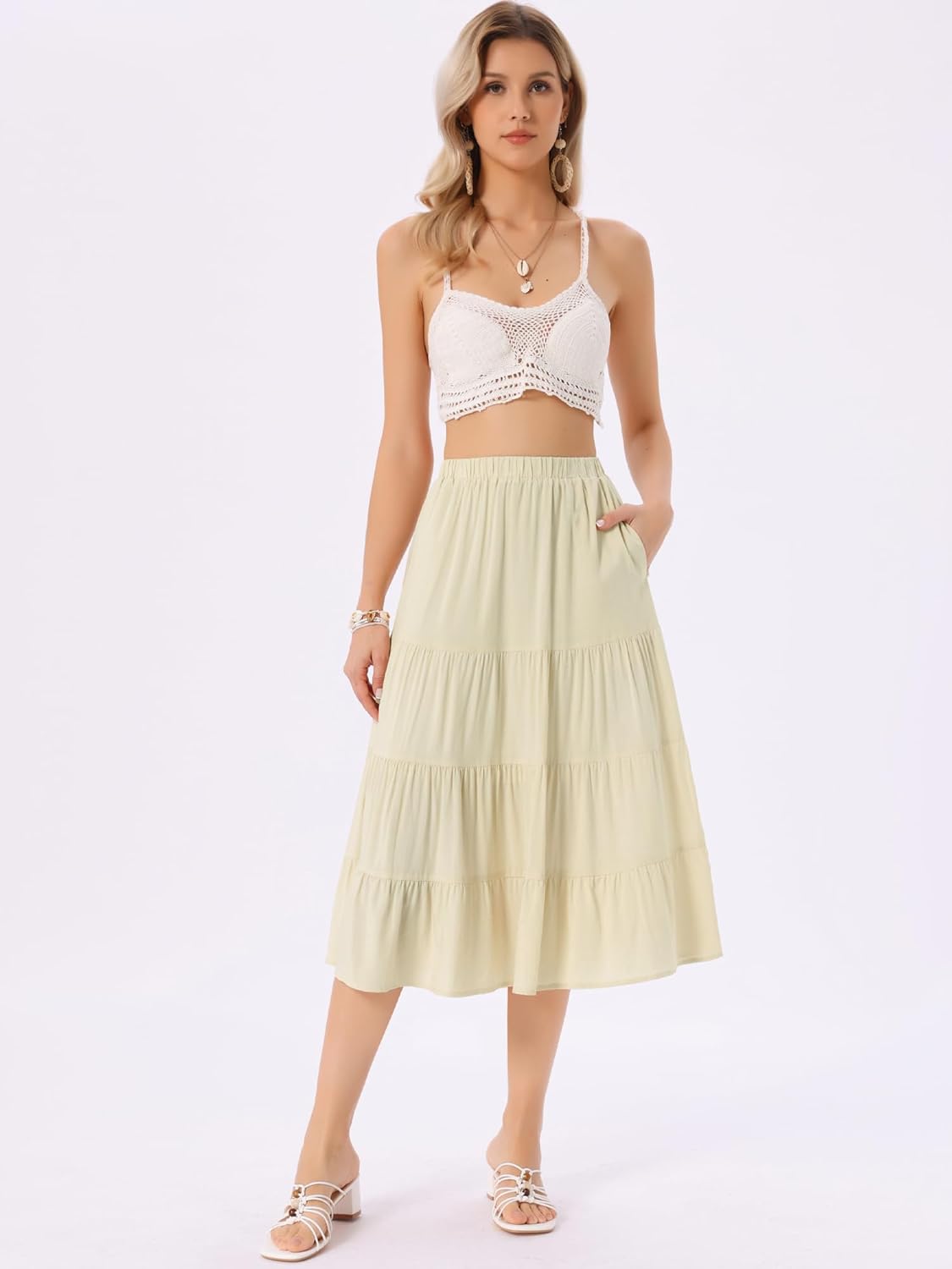 Allegra K Women's Midi Skirts Flare Tiered Pleated Boho Solid Elastic Waist Long A-Line Skirt with Pockets - Image 5