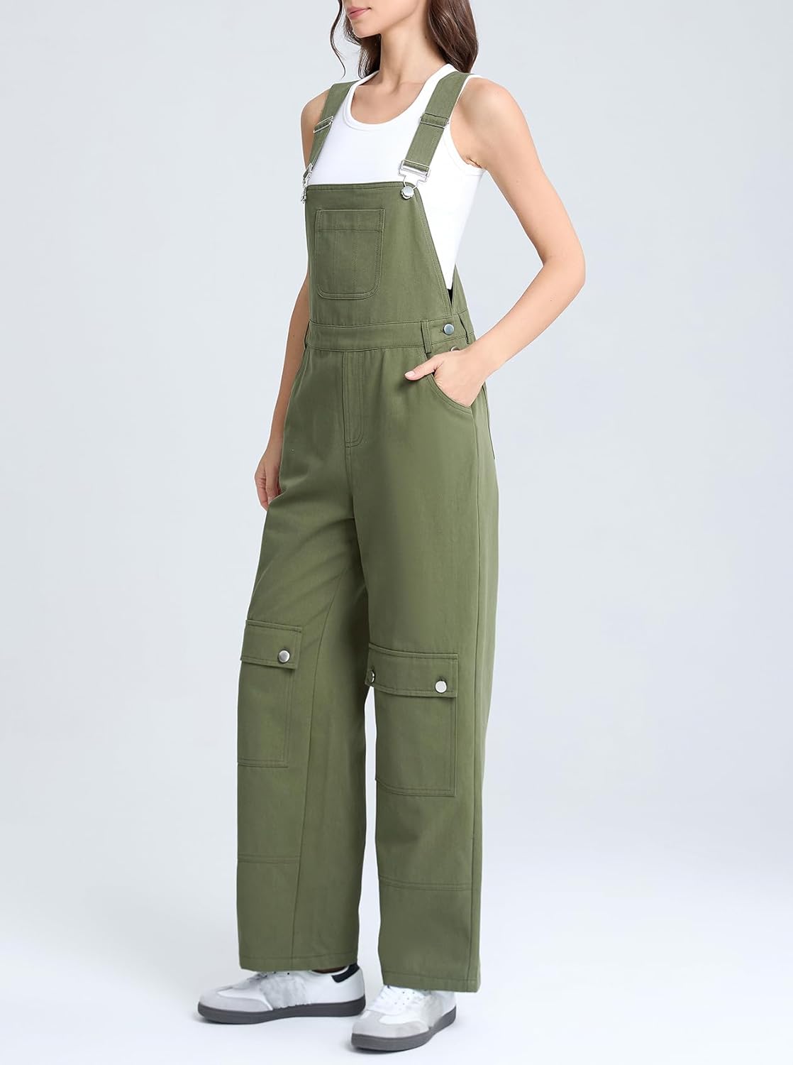 Ladyful Overalls for Women Straight Leg Green Bib Casual Long Pant Rompers Adjustable Strap Jumpsuit with Cargo Pockets