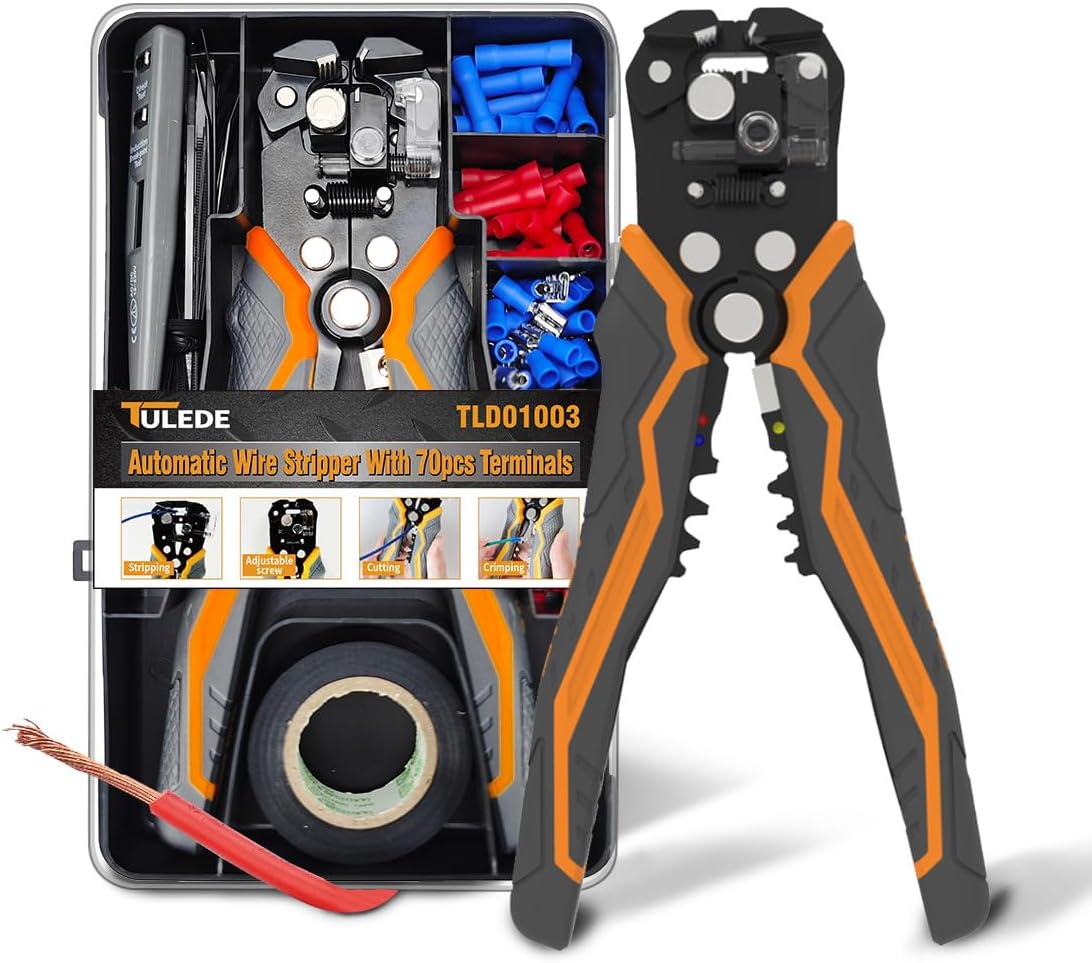5 IN 1 Self-Adjusting Wire Stripper Kit, Automatic Wire Stripper for AWG 24-10, LED Voltage Detector Pen, 23 ft Insulating Tape, 99 Insulated Terminals and 25 Cable Ties