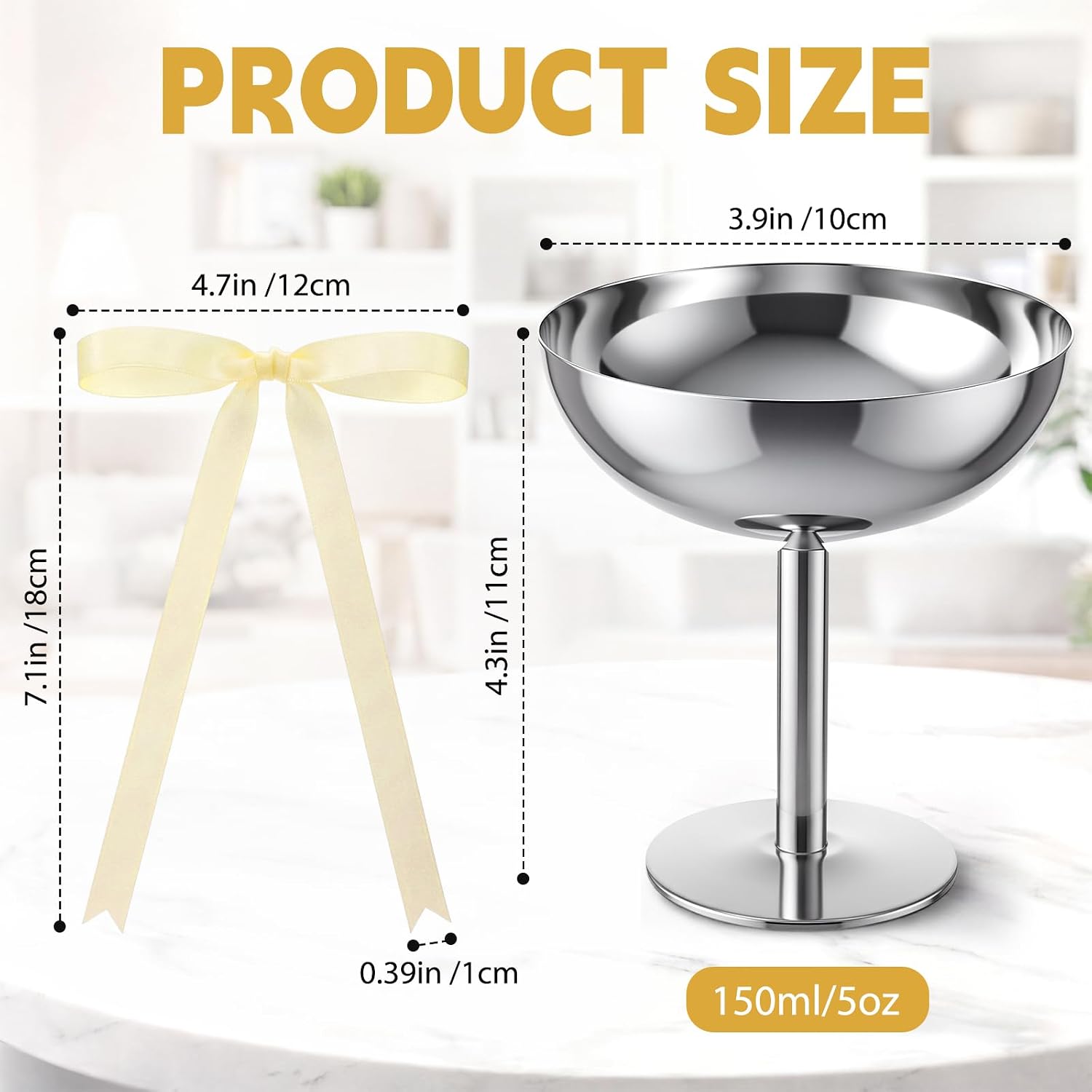 SiliFine 6 Pcs Stainless Steel Ice Cream Cups Silver Dessert Bowl with Bow Decorative Bulk 5.07 oz Small Metal Footed Cup for Pudding Salad Fruit Sundae Snack Summer Birthday Party Supply (Natural)