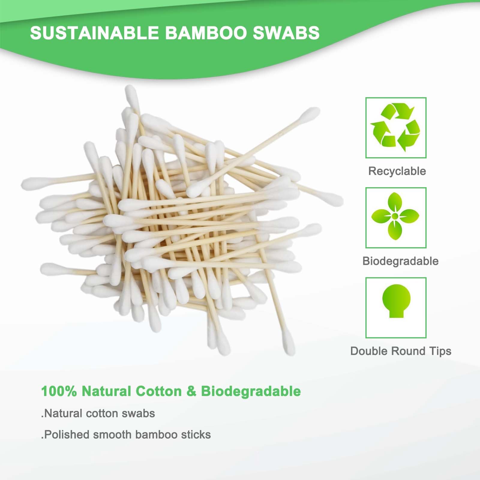 YILEAITECH Bamboo Cotton Swabs - 400 Count - Organic Cotton Buds for Ears, Eco Friendly Q Tips,Natural Wooden Cotton Swabs 1