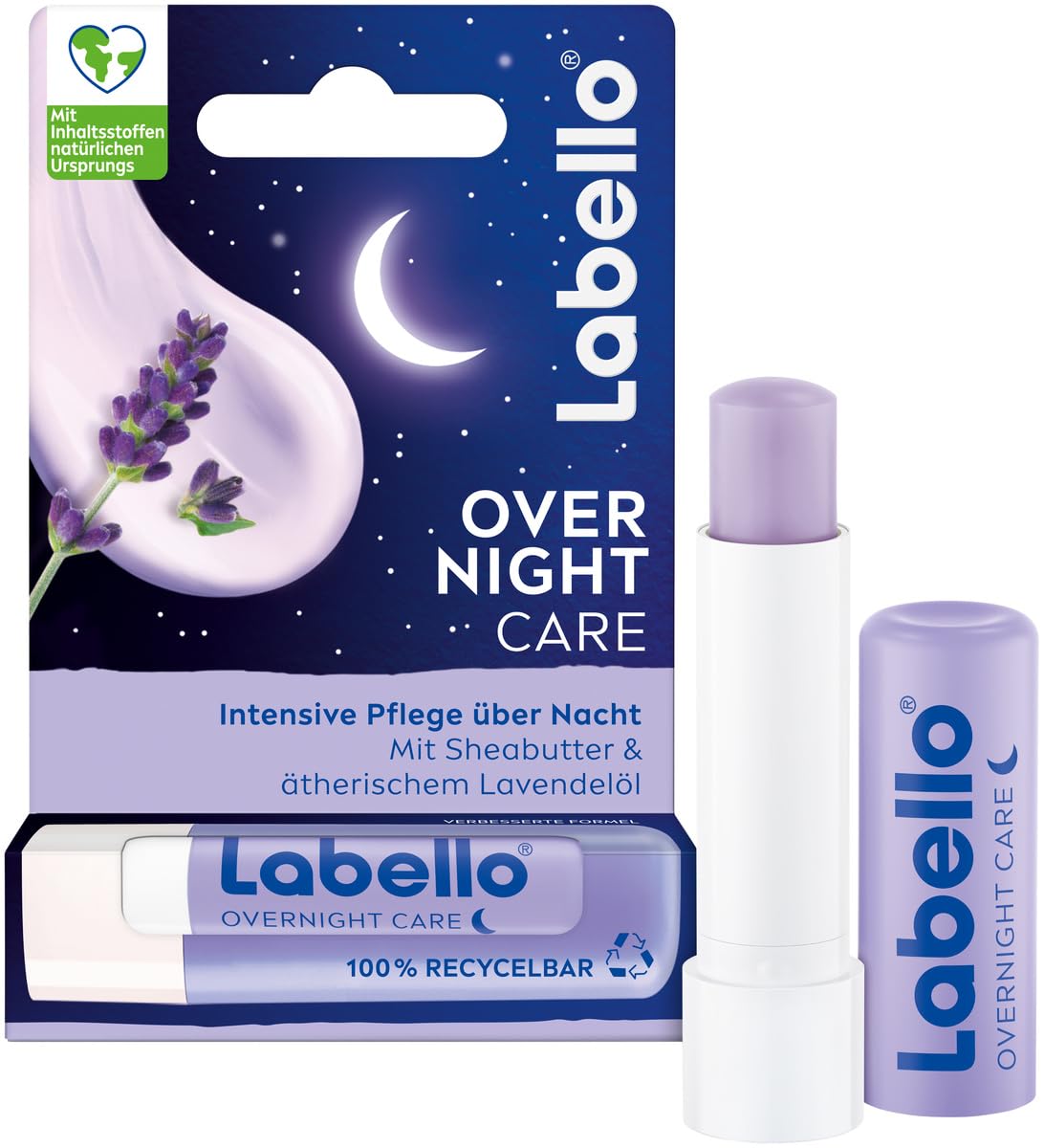 LABELLO Overnight Care Lippenpflegestift, Lippenpflege mit Sheabutter & ätherischem Lavendelöl für sanfte Lippen am Morgen, Lippenbalsam für 8h Pflege über Nacht (4,8 g)