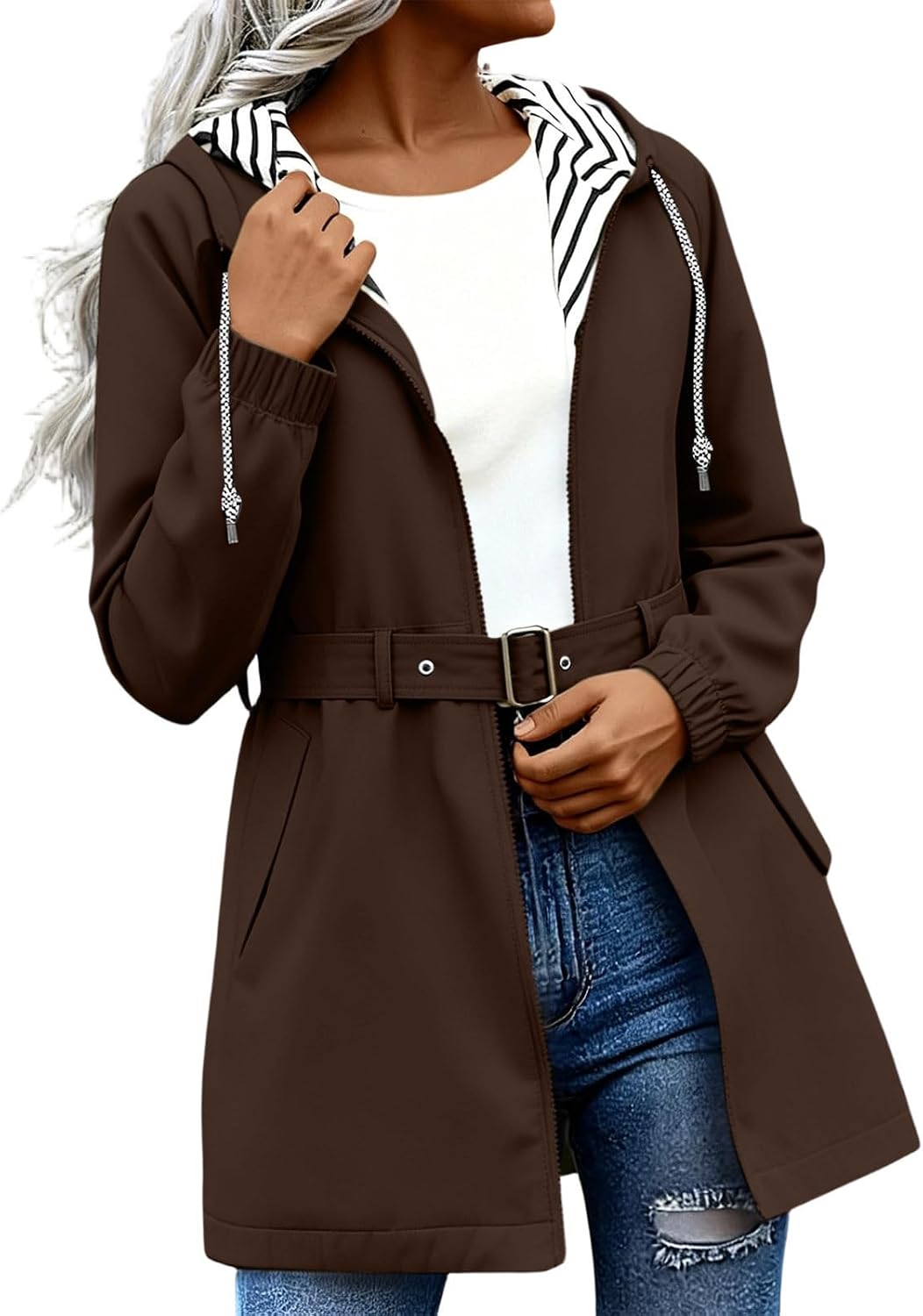 Raincoat Women Lined Waterproof Lightweight Rain Jacket | Rain Jacket Women Lined Raincoat with Belt Waterproof Windbreaker Jackets Hooded Outdoor Casual Trench Coat