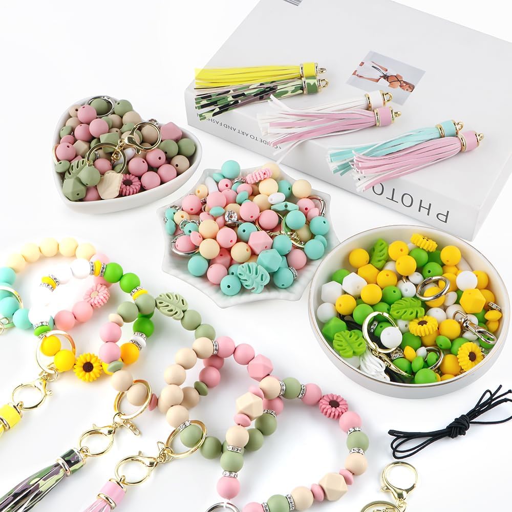 119Pcs Green 12mm 15mm Silicone Beads for Keychain Making,Leaf Sunflower Flower Silicone Focal Beads for Pens,Breakaway Clasps Tassels Keychains for Lanyard Making DIY Accessories - Image 4