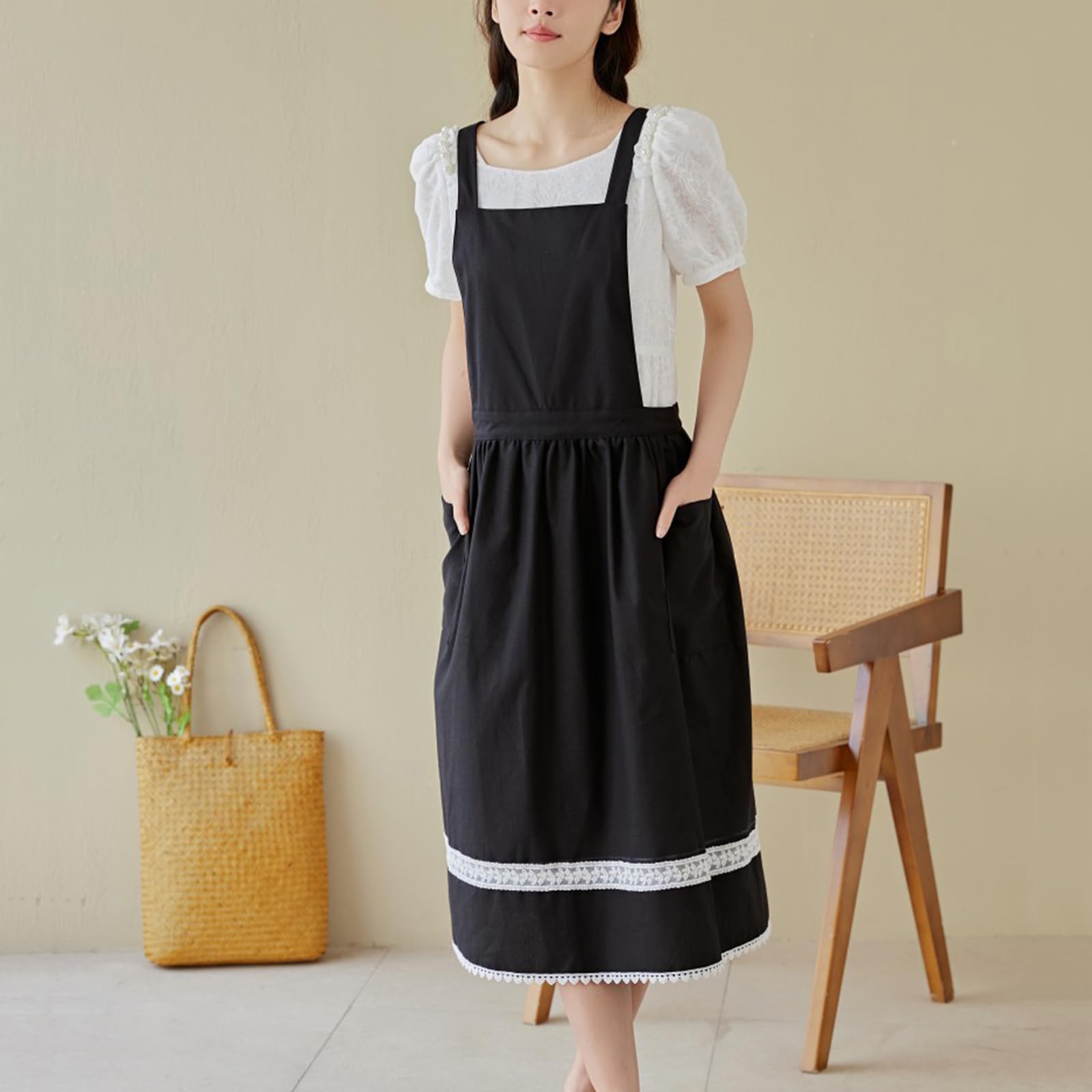 Fartuch Damski Fartuch Lniany Bawełniany Krzyż Na Plecach Z Kieszeniami Sukienka Pinafore Dla Szefa Kuchni Ogrodnictwo Gotowanie Malowanie Black,One Size