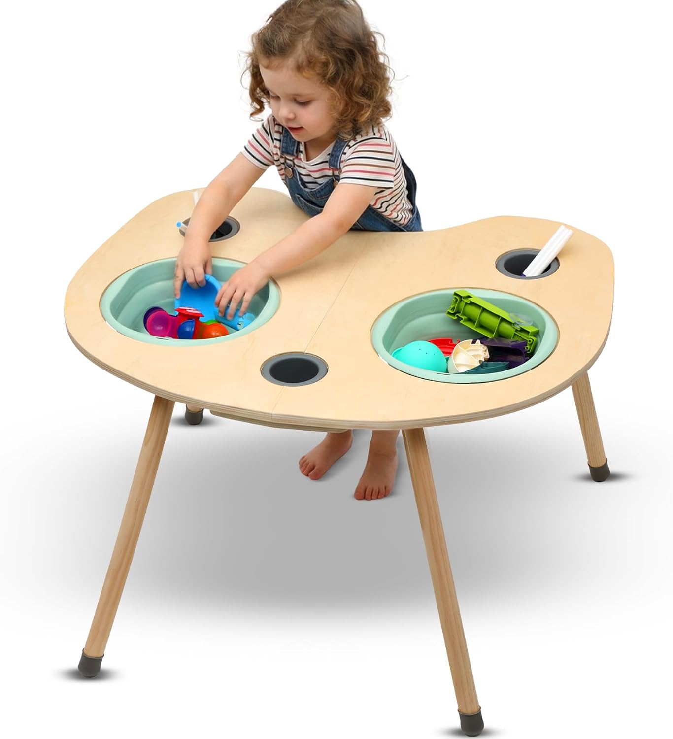 Montessori Sensory Table for Toddlers, Kids Wooden Sensory Activity Table with 5 Bins & Lids, Nature-Inspired Design, Structurally Stable, Easy-to-Wipe Wooden Surface