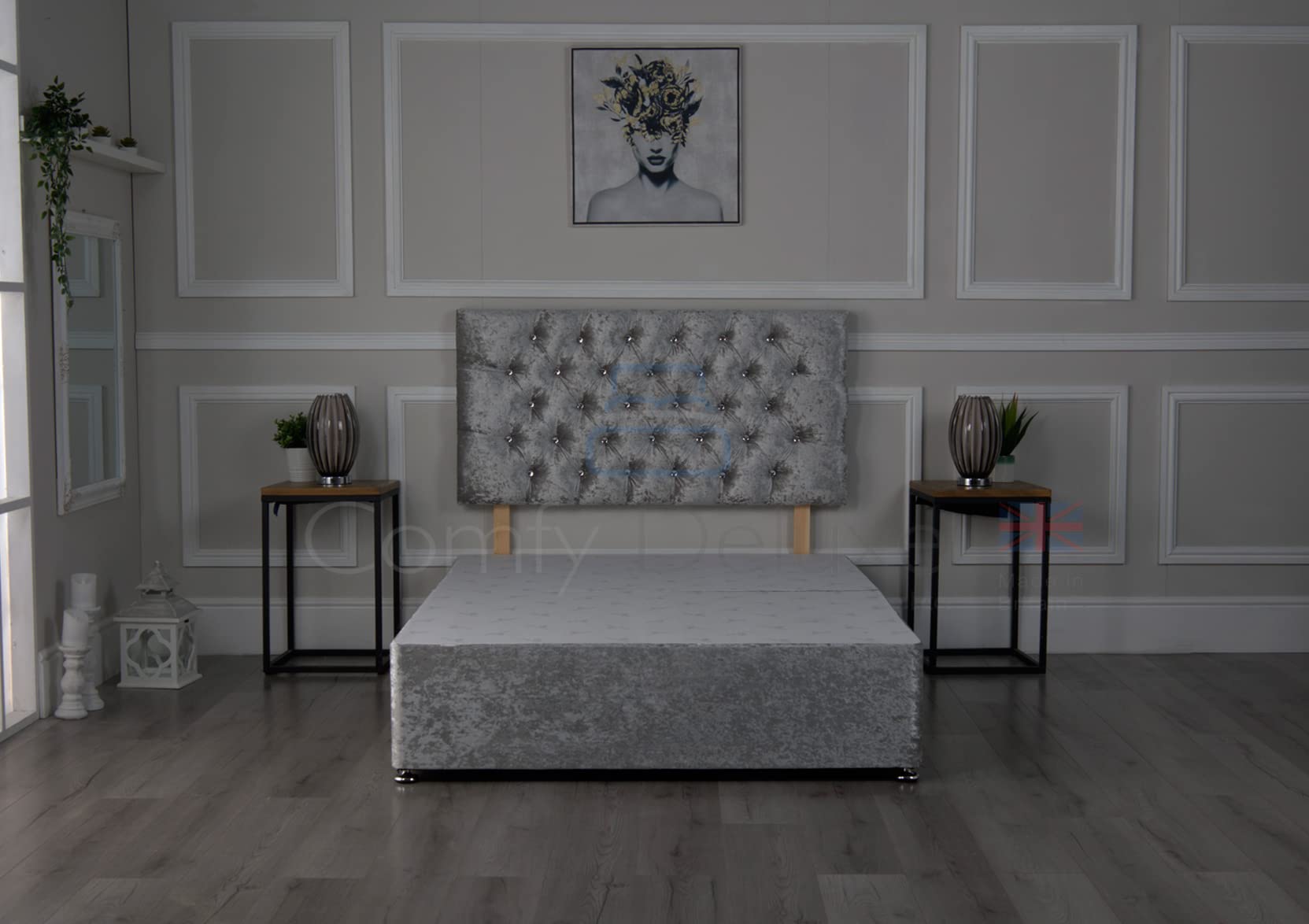 Comfy Deluxe LTD 2FT6 Small Single Bed base with 20-Inch Chesterfield Headboard - Truffle Crushed Velvet Divan Bed Frame with No Mattress Included, Chrome Glider Feet & No Storage - UK Made