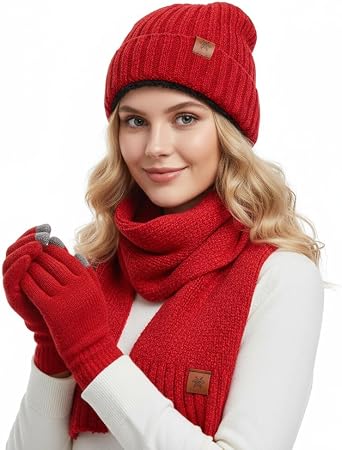 Winter Hat Scarf Gloves Set for Men Women 3-in-1 | Knit Beanie with Fuzzy Lining, Touch Screen Mittens, Circle Scarf