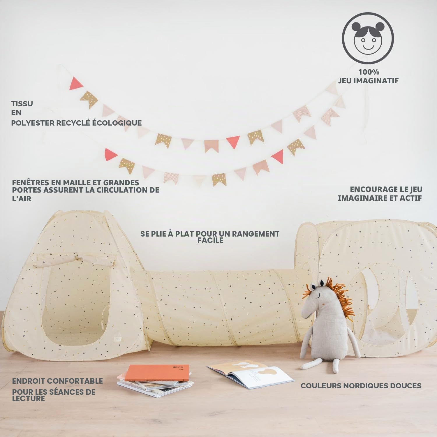 3 Sprouts Ensemble Tente et Tunnel Enfant, Jeux Intérieurs, Terrazzo Beige