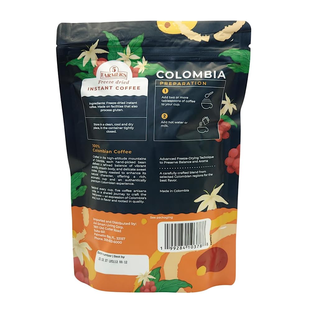 5 Farmers Premium Colombia Instant Coffee, Freeze Dried, 100% Colombian Arabica Beans, Medium-High Roast, 7.05 oz (200g) (PACK OF 1) image 2